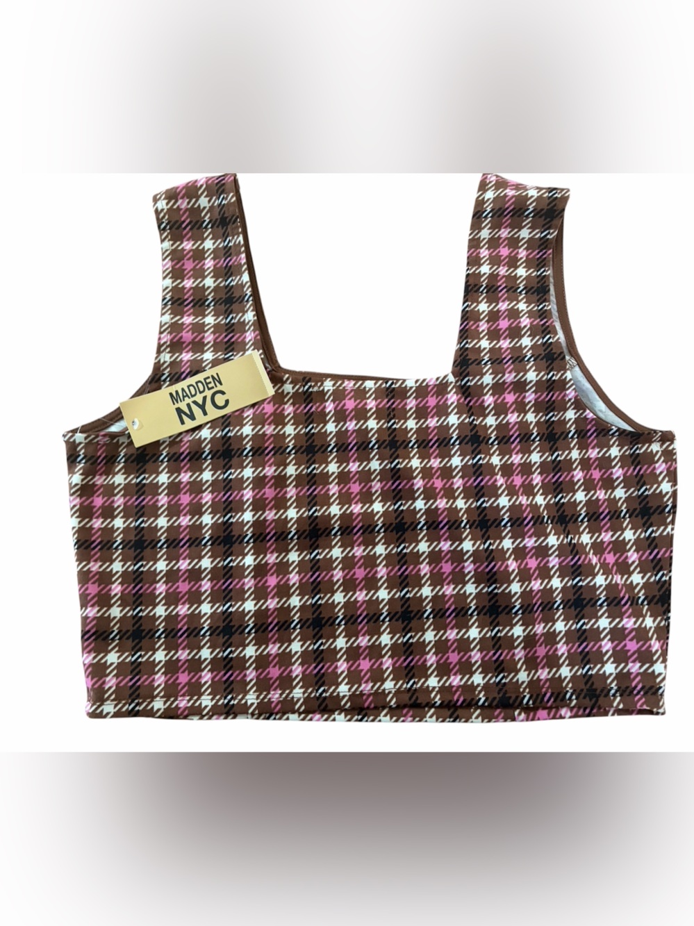 Madden NYC Pink and Brown Plaid Crop Tank Top